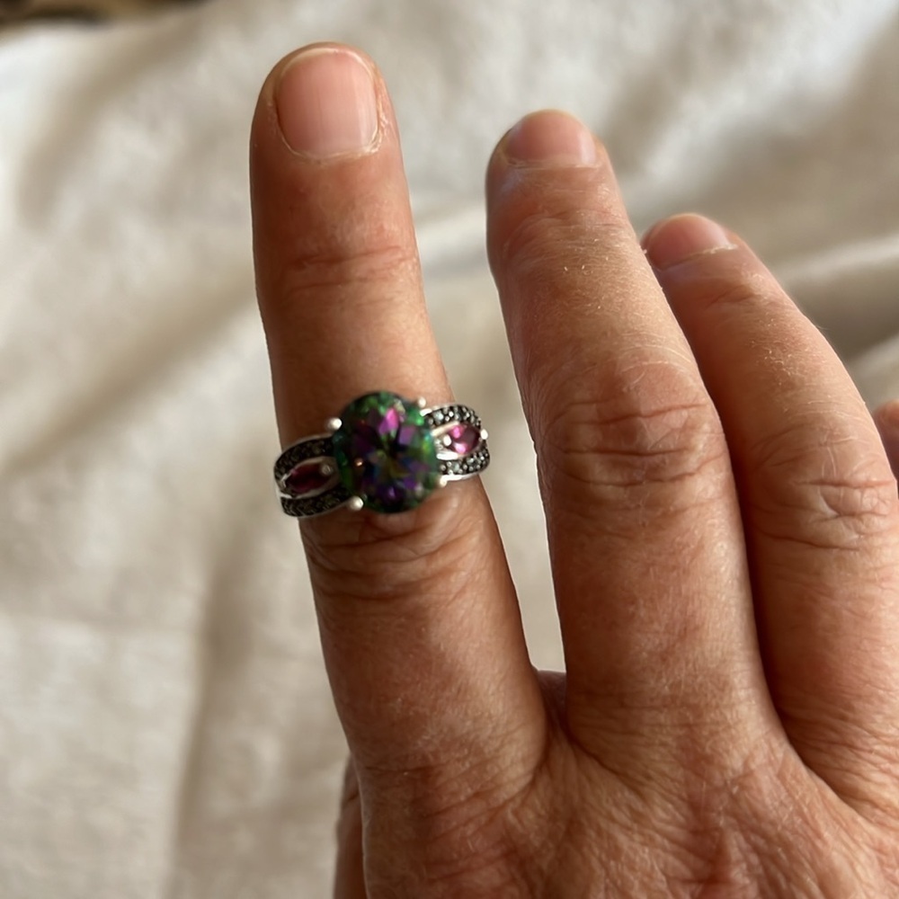 Stunning Mystic Topaz & Pink Gemstone Silver Ring – Vintage-Inspired Statement - Picture 4 of 4